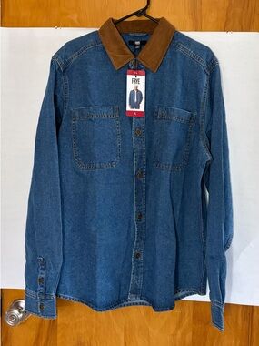 Frye Blue Denim Shacket with Brown Corduroy Collar